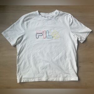 Fila Graphic Print T-Shirt, Relaxed Fit, White, Multicolor Logo, Size M